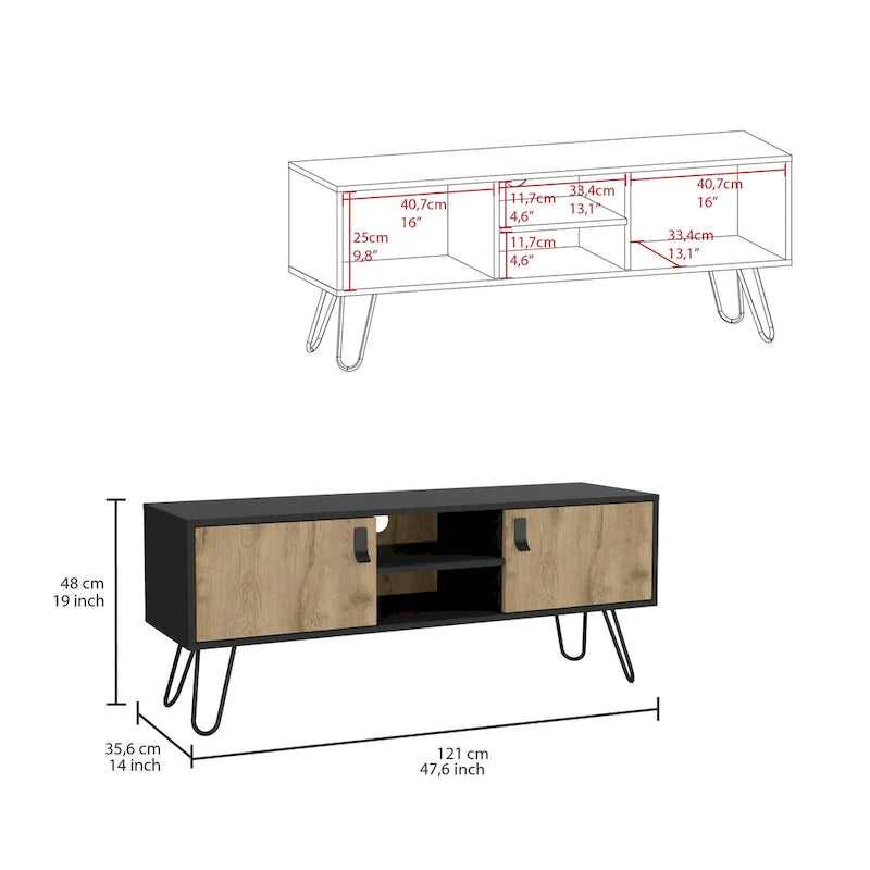 Szafka RTV z nóżkami hairpin, 2 drzwiczkami i otwartymi półkami – szer. 121 cm
