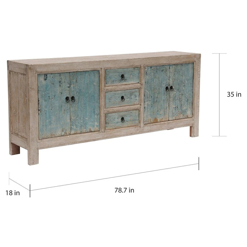 Credenza in legno di pino di recupero con 3 cassetti e 4 ante - Verde chiaro