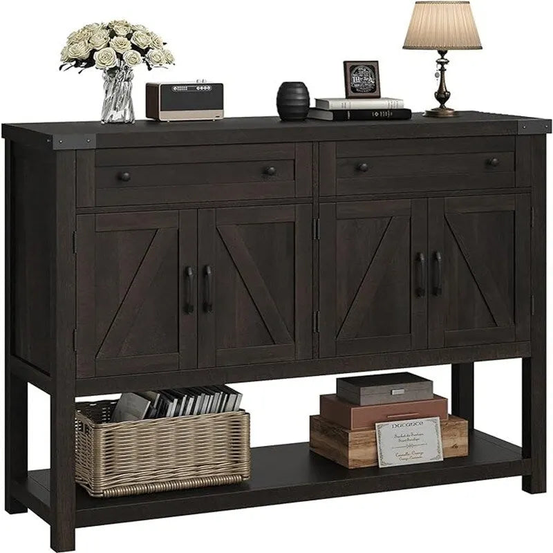 Credenza a buffet rustica con 2 cassetti, 2 ante e ripiani aperti - 47W
