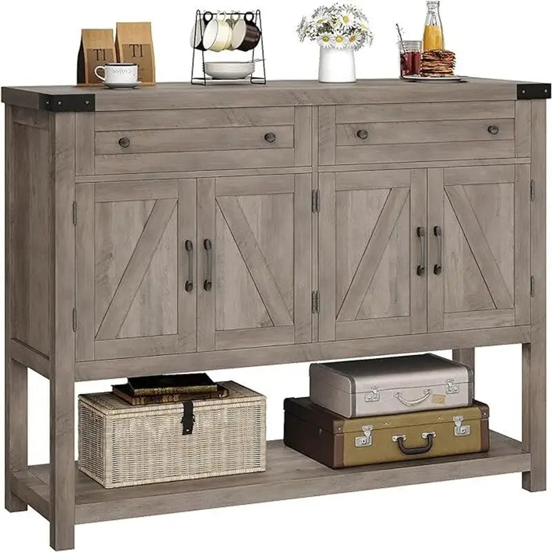 Credenza a buffet rustica con 2 cassetti, 2 ante e ripiani aperti - 47W