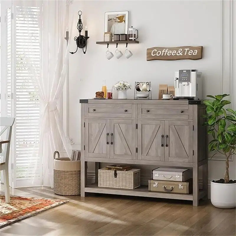 Credenza a buffet rustica con 2 cassetti, 2 ante e ripiani aperti - 47W