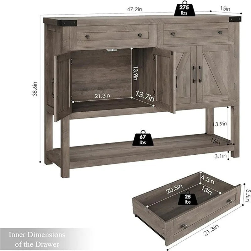 Credenza a buffet rustica con 2 cassetti, 2 ante e ripiani aperti - 47W