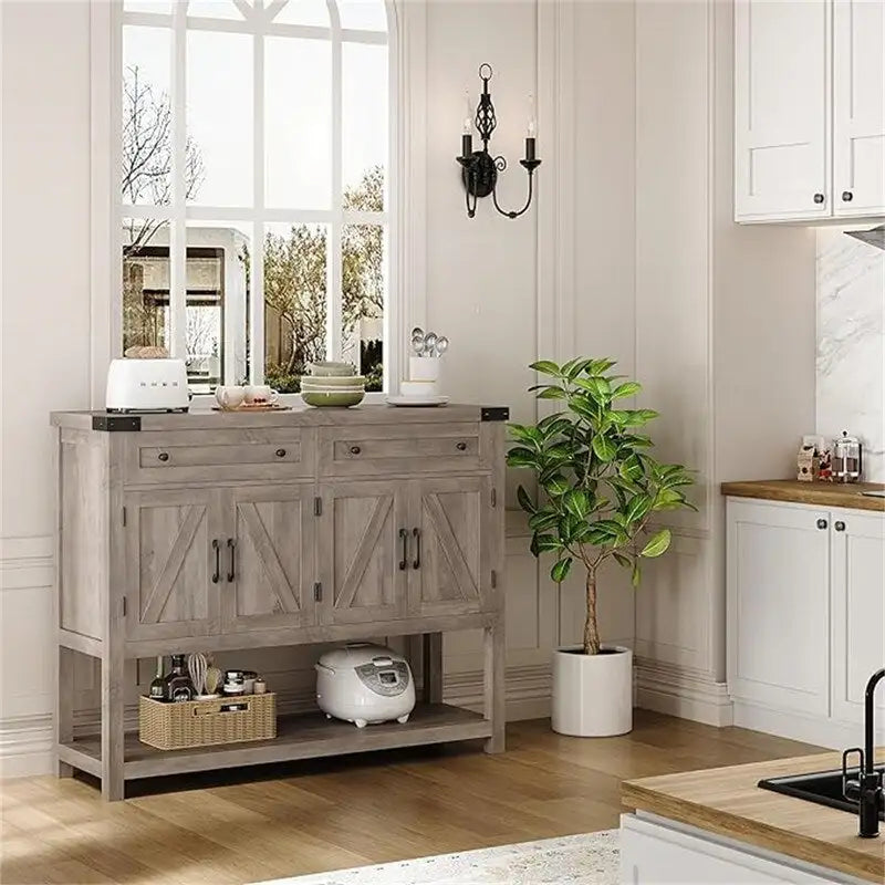 Credenza a buffet rustica con 2 cassetti, 2 ante e ripiani aperti - 47W