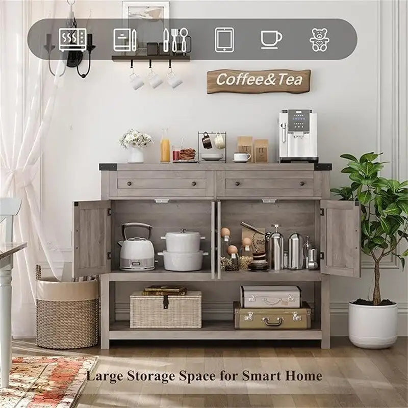 Credenza a buffet rustica con 2 cassetti, 2 ante e ripiani aperti - 47W