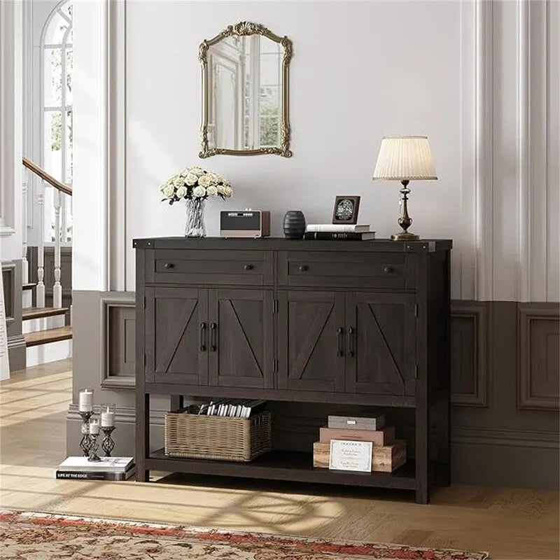 Credenza a buffet rustica con 2 cassetti, 2 ante e ripiani aperti - 47W