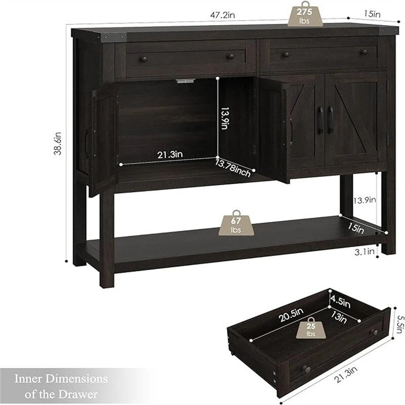 Credenza a buffet rustica con 2 cassetti, 2 ante e ripiani aperti - 47W