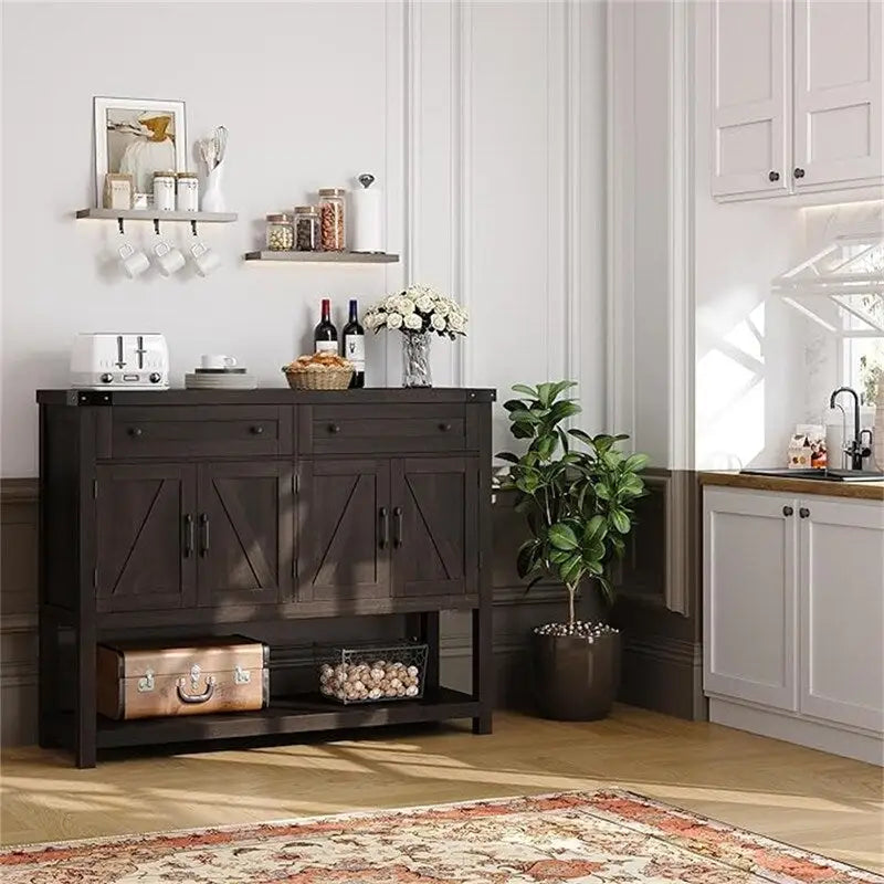 Credenza a buffet rustica con 2 cassetti, 2 ante e ripiani aperti - 47W