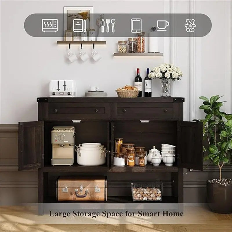 Credenza a buffet rustica con 2 cassetti, 2 ante e ripiani aperti - 47W