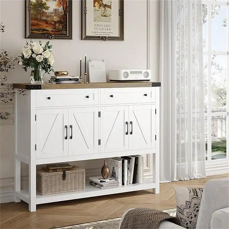 Credenza a buffet rustica con 2 cassetti, 2 ante e ripiani aperti - 47W
