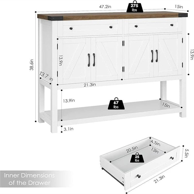 Credenza a buffet rustica con 2 cassetti, 2 ante e ripiani aperti - 47W