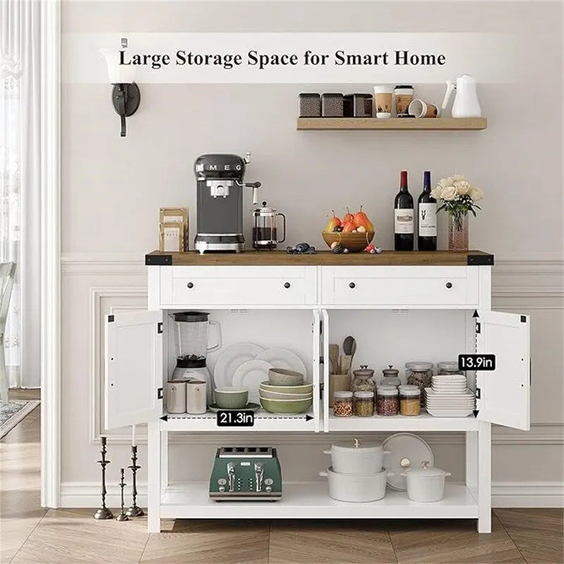 Credenza a buffet rustica con 2 cassetti, 2 ante e ripiani aperti - 47W