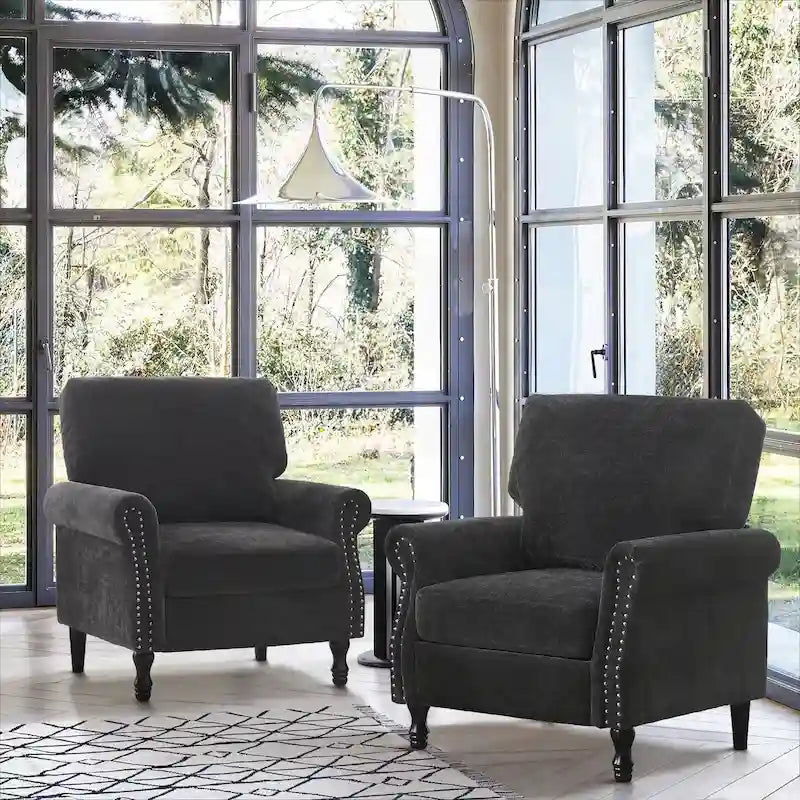 Poltrona accent imbottita con finitura borchiata e gambe in legno - Set da 2