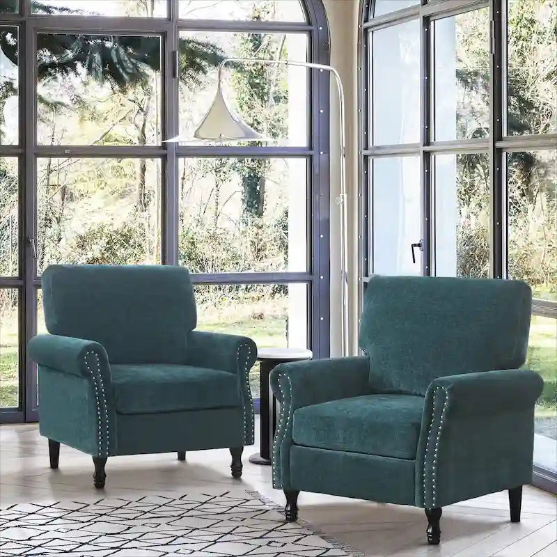 Poltrona accent imbottita con finitura borchiata e gambe in legno - Set da 2