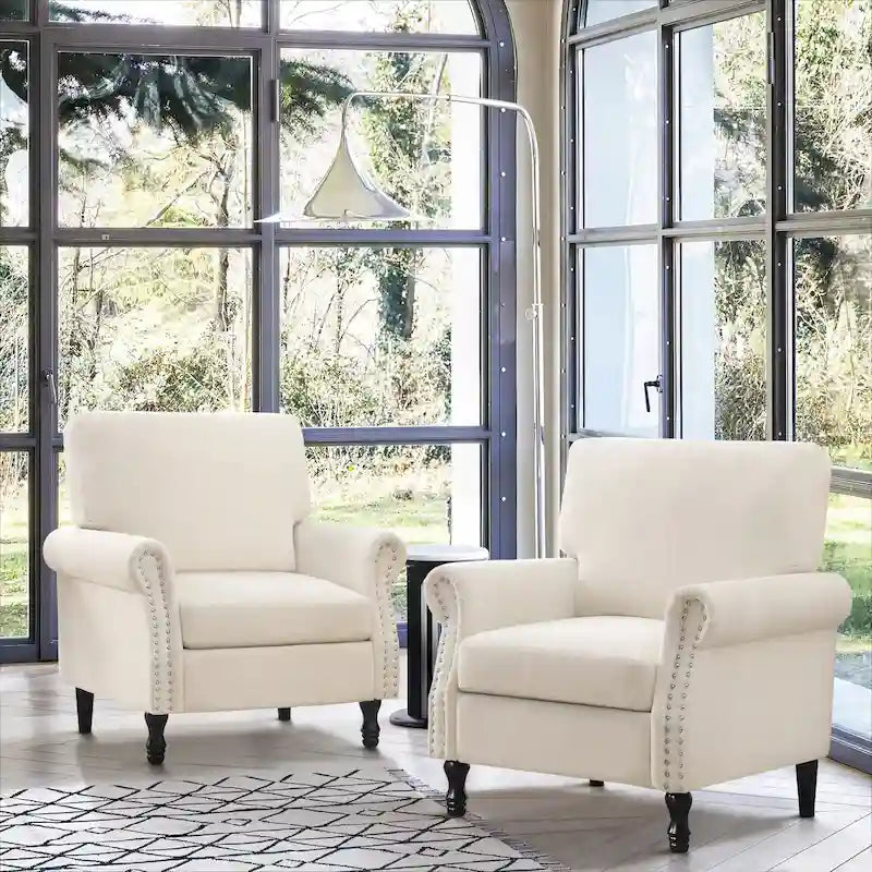 Poltrona accent imbottita con finitura borchiata e gambe in legno - Set da 2