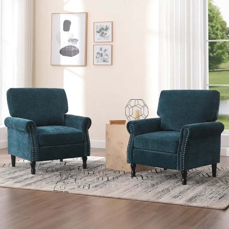 Poltrona accent imbottita con finitura borchiata e gambe in legno - Set da 2