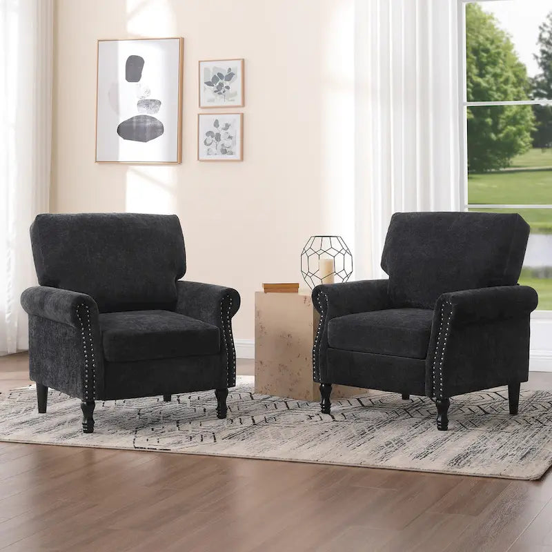 Poltrona accent imbottita con finitura borchiata e gambe in legno - Set da 2
