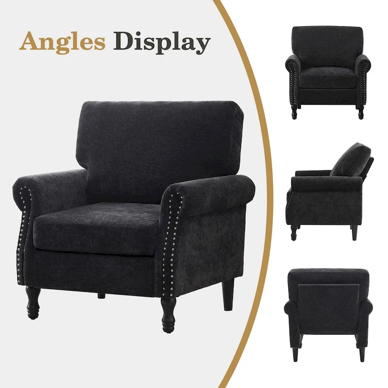 Poltrona accent imbottita con finitura borchiata e gambe in legno - Set da 2